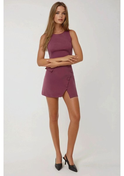 Kadın Düğmeli Fitted Bisiklet Yaka Mini Elbise Purple