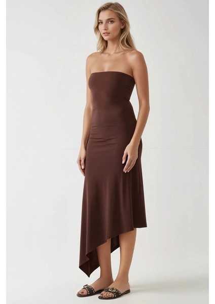 Kadın Straplez Asimetrik Bodycon Örme Elbise Brown indirimleri