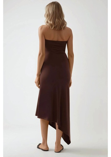 Kadın Straplez Asimetrik Bodycon Örme Elbise Brown