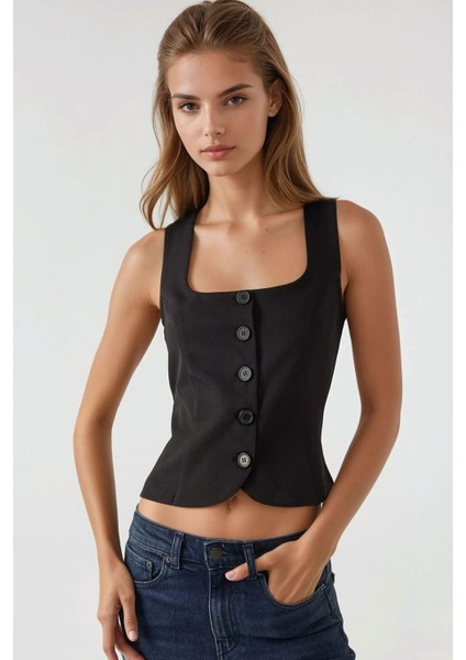 Kadın Dar Kesim Kare Yaka Yelek Black