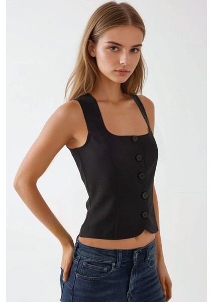 Kadın Dar Kesim Kare Yaka Yelek Black