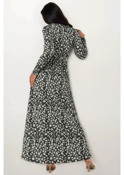 Kadın Çiçek Desenli Dokulu Kuşaklı Bisiklet Yaka Modest Elbise Black