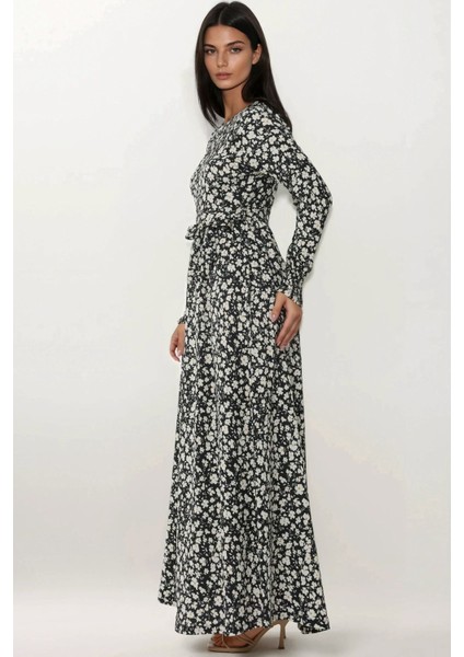 Kadın Çiçek Desenli Dokulu Kuşaklı Bisiklet Yaka Modest Elbise Black