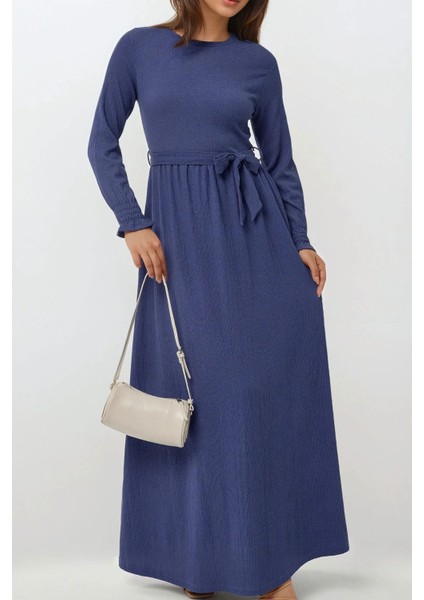 Kadın Dokulu Bisiklet Yaka Kuşaklı Modest Elbise Blue