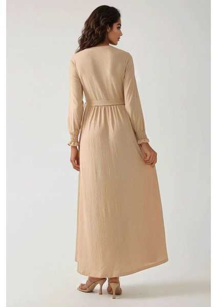 Kadın Dokulu Bisiklet Yaka Kuşaklı Modest Elbise Natural