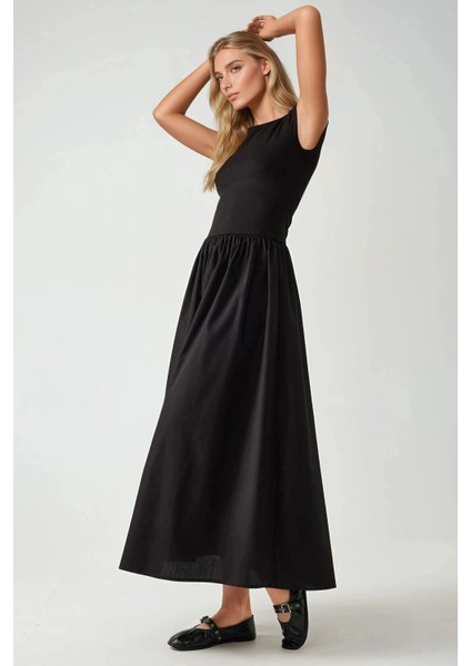 Kadın KayıkYaka A-Form Fit Maxi Örme Elbise Black