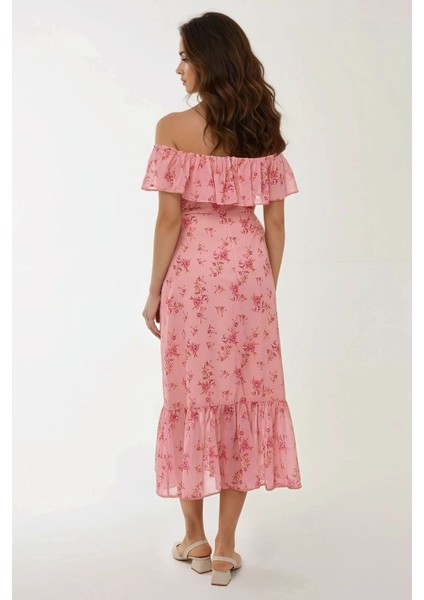 Kadın Omzu Açık Çiçek Desenli Bodycon Midi Elbise Pink