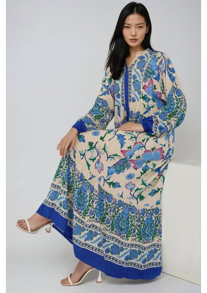 Kadın Gömlek Yaka Desenli Modest Elbise Blue