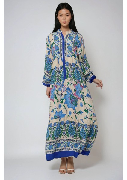 Kadın Gömlek Yaka Desenli Modest Elbise Blue