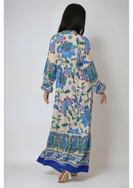 Kadın Gömlek Yaka Desenli Modest Elbise Blue