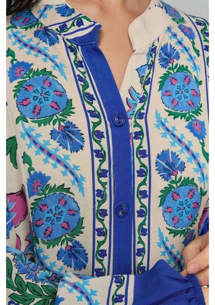 Kadın Gömlek Yaka Desenli Modest Elbise Blue