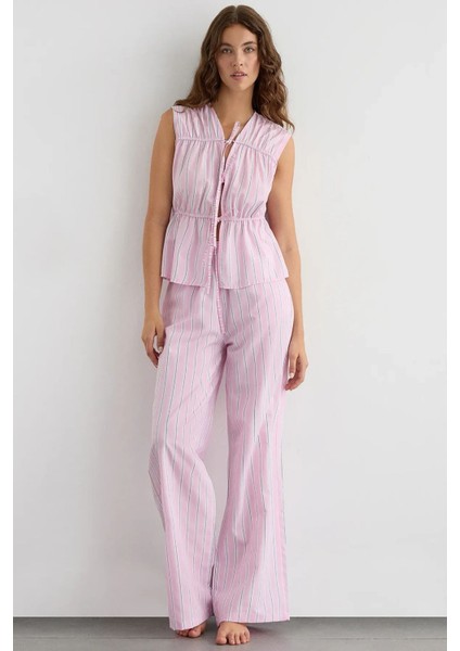 Kadın Fiyonk Detaylı Çizgili Bisiklet Yaka Bluz Pink