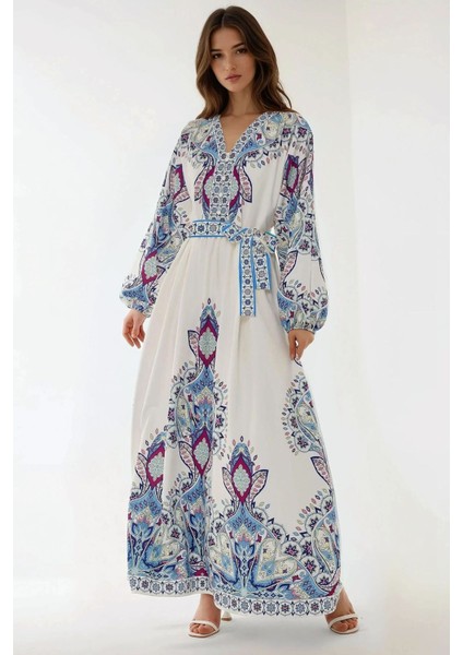 Kadın Baskılı V Yaka Kuşaklı Modest Elbise Çok Renkli