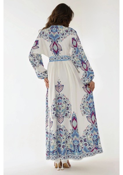 Kadın Baskılı V Yaka Kuşaklı Modest Elbise Çok Renkli