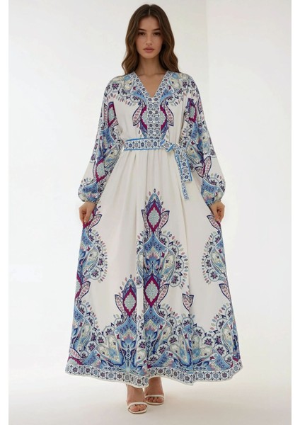 Kadın Baskılı V Yaka Kuşaklı Modest Elbise Çok Renkli