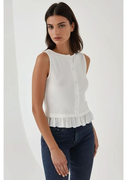 Kadın Fırfır Detaylı Dokulu Bisiklet Yaka Örme Bluz Beyaz