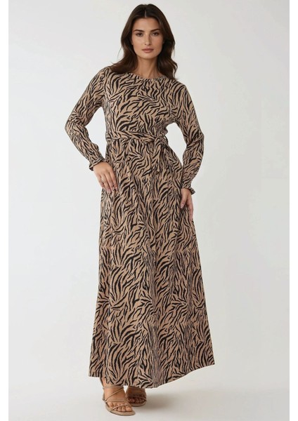Kadın Baskılı Bisiklet Yaka Dokulu ve Kuşaklı Modest Elbise Brown