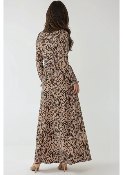 Kadın Baskılı Bisiklet Yaka Dokulu ve Kuşaklı Modest Elbise Brown