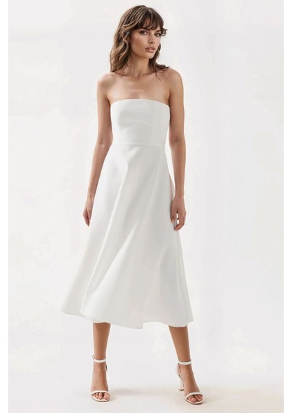 Kadın Straplez Midi A-Form Elbise White