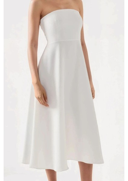Kadın Straplez Midi A-Form Elbise White
