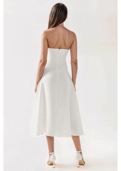 Kadın Straplez Midi A-Form Elbise White
