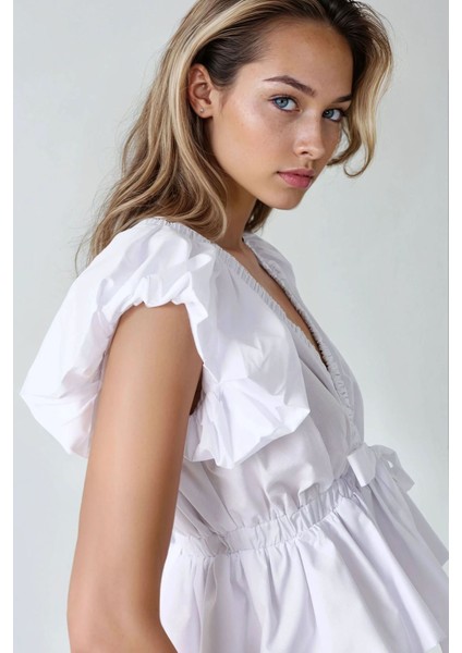Kadın Fiyonk Detaylı Pamuklu Balon Kol Bluz White