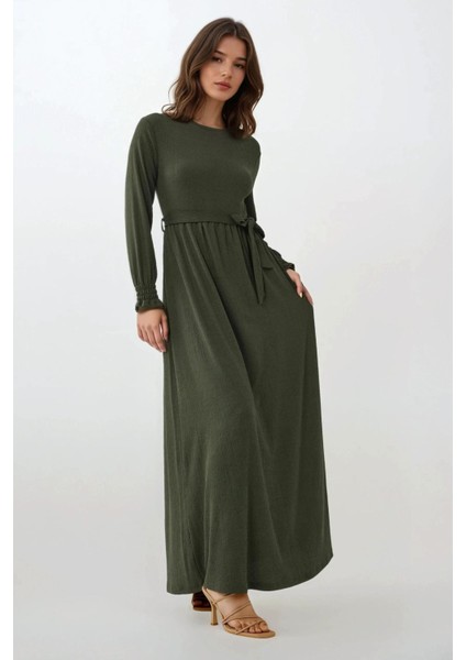 Kadın Dokulu Bisiklet Yaka Kuşaklı Modest Elbise Black