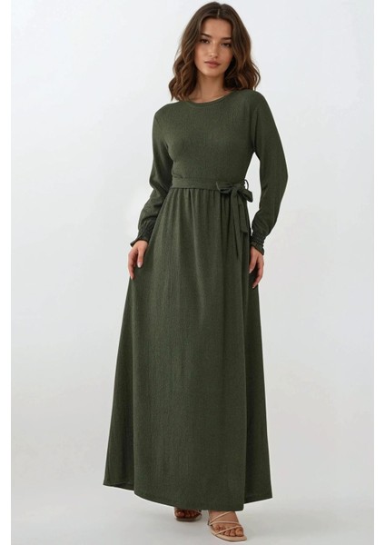 Kadın Dokulu Bisiklet Yaka Kuşaklı Modest Elbise Black