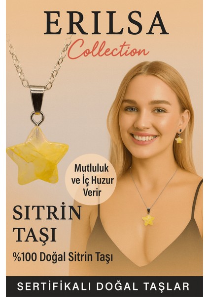 Sertifikalı Yıldız Model Sitrin Doğal Taş Kolye – Enerji Canlılık Bolluk ve Bereket Taşı