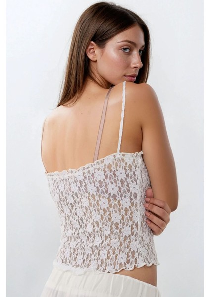 Kadın Dokulu Kare Yaka Dantel Örme Askılı Üst White