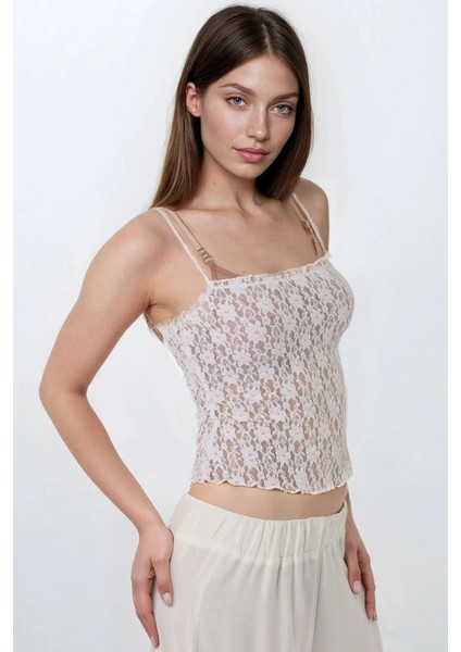 Kadın Dokulu Kare Yaka Dantel Örme Askılı Üst White