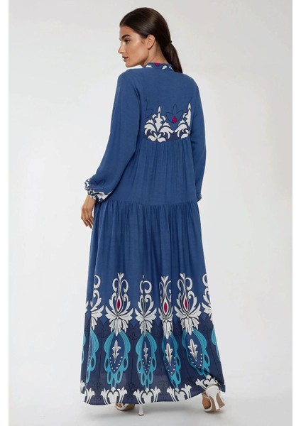 Kadın Baskılı Uzun Kol Viskon Modest Elbise Blue