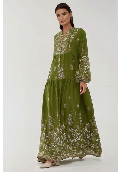 Kadın Baskılı Uzun Kol Viskon Modest Elbise Green