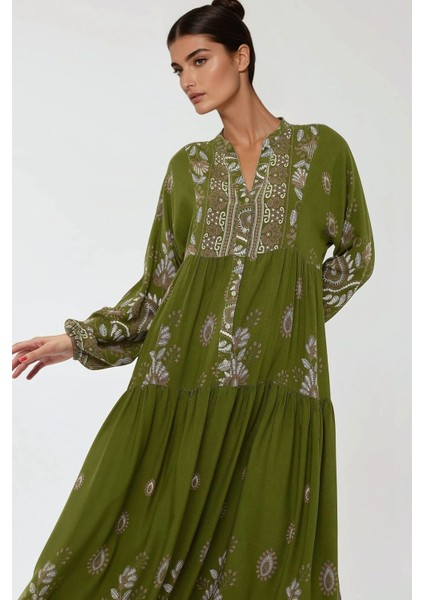 Kadın Baskılı Uzun Kol Viskon Modest Elbise Green