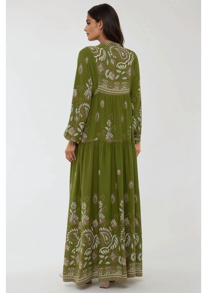 Kadın Baskılı Uzun Kol Viskon Modest Elbise Green