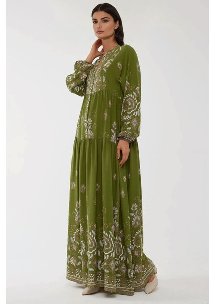 Kadın Baskılı Uzun Kol Viskon Modest Elbise Green
