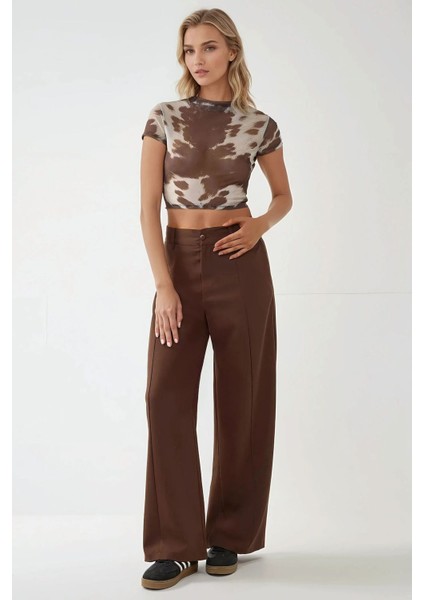 Kadın Baskılı Slim Fit Bisiklet Yaka Crop Top Çok Renkli