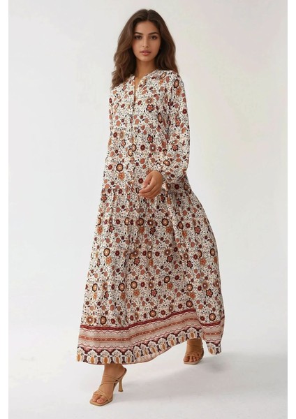 Kadın Düğmeli Baskılı V Yaka Modest Elbise Multicolor