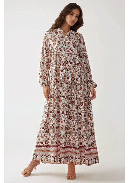Kadın Düğmeli Baskılı V Yaka Modest Elbise Multicolor