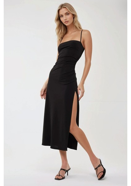 Kadın Askılı Vücuda Oturan Yırtmaç Detaylı Örme Maxi Elbise Black