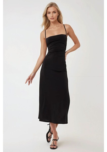 Kadın Askılı Vücuda Oturan Yırtmaç Detaylı Örme Maxi Elbise Black