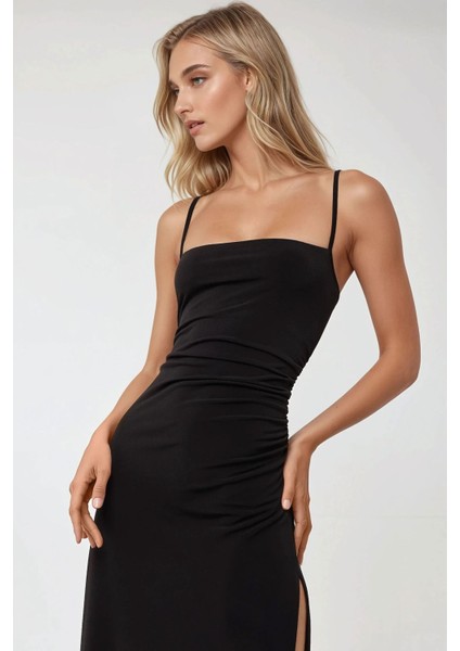 Kadın Askılı Vücuda Oturan Yırtmaç Detaylı Örme Maxi Elbise Black