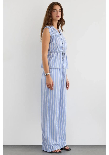 Kadın Fiyonk Detaylı Çizgili Bisiklet Yaka Bluz Blue