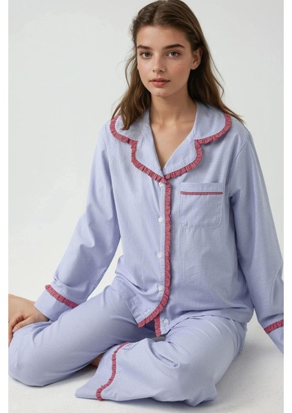 Kadın Gömlek Yaka Pamuklu Kareli Pijama Takımı Blue