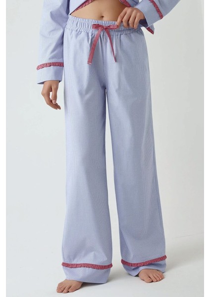 Kadın Gömlek Yaka Pamuklu Kareli Pijama Takımı Blue