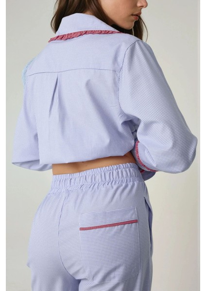 Kadın Gömlek Yaka Pamuklu Kareli Pijama Takımı Blue