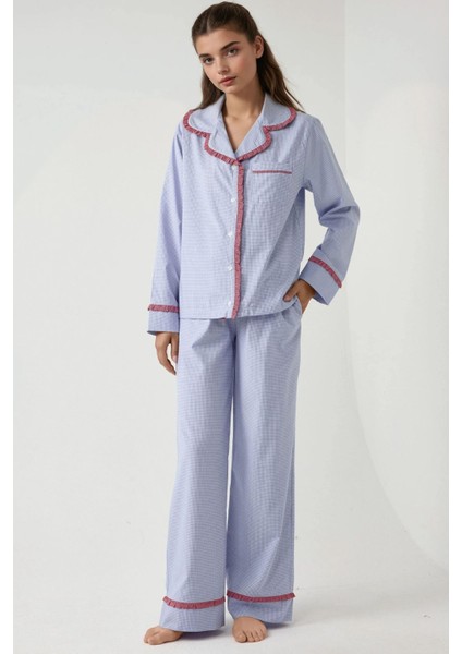 Kadın Gömlek Yaka Pamuklu Kareli Pijama Takımı Blue