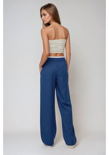 Kadın Geniş Paça Lastik Bel Detaylı Pantolon Blue