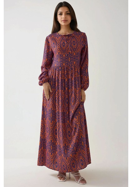 Kadın Baskılı A-Form Modest Elbise, Bisiklet Yaka Orange