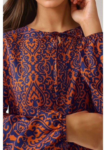 Kadın Baskılı A-Form Modest Elbise, Bisiklet Yaka Orange